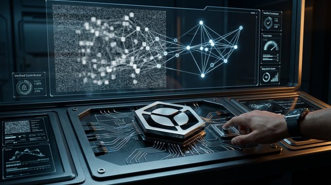 A futuristic digital interface displays a glowing network of connected nodes and data visualizations on a screen, with a hand reaching toward a metallic hexagonal emblem on a circuit-board console.