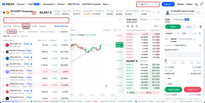 The image shows the MEXC Futures trading interface for BTCUSDT Perpetual, currently priced at 64,947.5, with a dropdown menu highlighting the "USDT" currency option. The interface displays favorites like SNXUSDT, MLNUSDT, SOLUSDT, GRTUSDT, and DRAMSUT Perpetual contracts, alongside a stock futures feature referenced in the accompanying post about trading major stocks like COIN, HOOD, and TSLA.