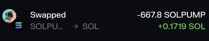 A dark-themed interface displaying a swap transaction from SOLPUMP to SOL, showing '-667.8 SOLPUMP' and '+0.1719 SOL'.