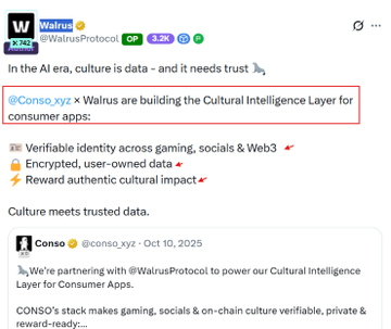 The image is a tweet from Walrus (@WalrusProtocol) dated October 10, 2025, announcing a partnership with Conso (@conso_xyz) to build the Cultural Intelligence Layer for consumer apps. Highlighted in the tweet is the statement, "Walrus are building the Cultural Intelligence Layer for consumer apps," alongside features like verifiable identity across gaming, socials, and Web3, encrypted user-owned data, and rewards for authentic cultural impact. The accompanying post confirms this partnership, noting that CONSO Extension Public access is now live and offering users the opportunity to earn ZAPs while leveraging Walrus Protocol and Sui Network to track digital activity and build reputation.