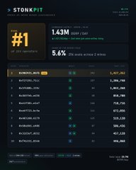 A "STONK.PIT" leaderboard interface showing the top-ranked user with 1.43M USDT/SOL and 5.6%, followed by a list of other top traders with their respective balances and percentages.