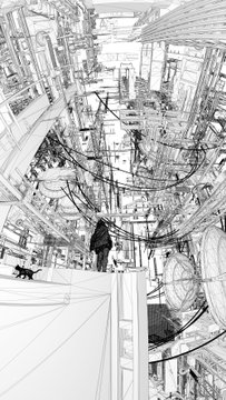 A lone figure stands amidst a chaotic, sprawling cityscape rendered in detailed black-and-white line art, with tangled cables and towering structures creating an overwhelming sense of scale and isolation. The intricate, unfinished quality of the urban environment visually echoes the post's themes of ongoing creative work, foundational building, and stepping back to expand one's artistic portfolio during a transitional period.