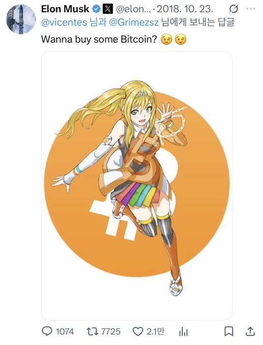 A tweet from Elon Musk (@elon...) dated 2018.10.23 asking 'Wanna buy some Bitcoin?' featuring anime artwork of a blonde character with a Bitcoin symbol.