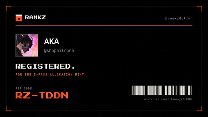 A digital registration confirmation card from RANKZ (@rankzdotfun) showing user AKA (@shopnilrone) registered for the Z-Pass Allocation Mint with reference code "RZ-TDDN" and a corresponding barcode and whitelist link, matching the tweet announcing their free Z-Pass mint registration.