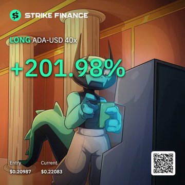 A promotional graphic for Strike Finance shows a stylized character with a gain of '+201.98%' on a LONG ADA-USD 40x position, with Entry $0.20987 and Current $0.22083.