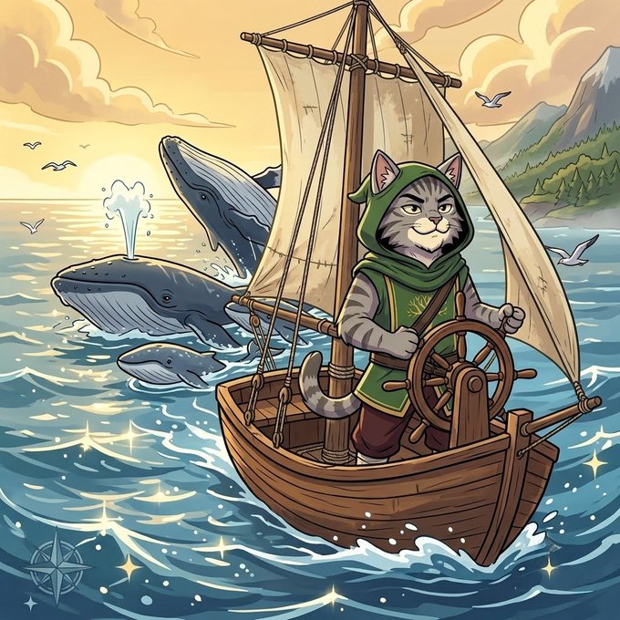 A confident cat in a green hooded cloak confidently steers a wooden sailboat through rough, sparkling waters with whales breaching nearby, embodying the post's theme of resilience. The whimsical maritime adventure visually reinforces the message of perseverance in the $NINEHOOD project, with the lone cat symbolizing steadfast determination amid challenging seas.
