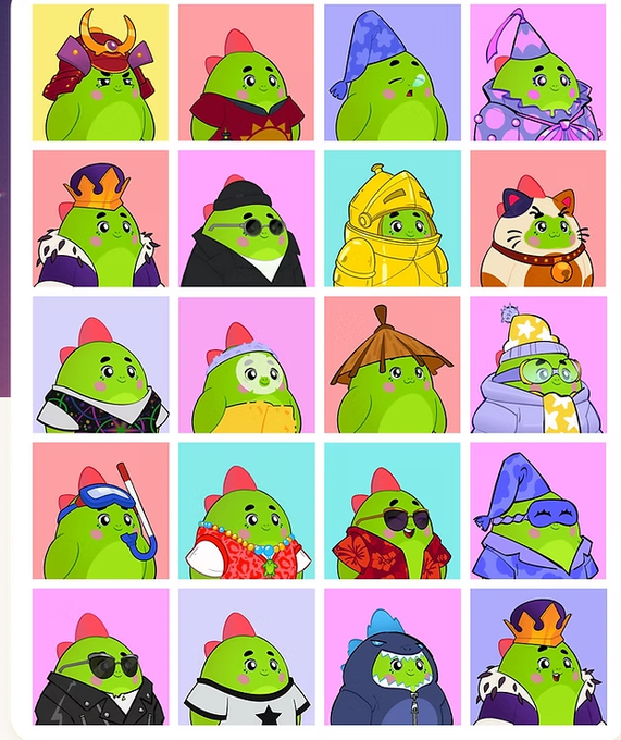A colorful grid of cartoon illustrations featuring a green blob-like character dressed in various costumes and outfits, including a samurai, wizard, king, knight, and scuba diver.