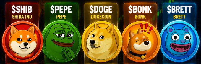 The image displays five colorful meme-themed cryptocurrency coins: $SHIB (Shiba Inu), $PEPE (Pepe), $DOGE (Dogecoin), $BONK (Bonk), and $BRETT (Brett). 

This ties into the post's message by showcasing popular, already-recognized memecoins—implying that these obvious winners have likely already seen their explosive growth, and that the next 1000x opportunity will require spotting the next rising star before it becomes mainstream.