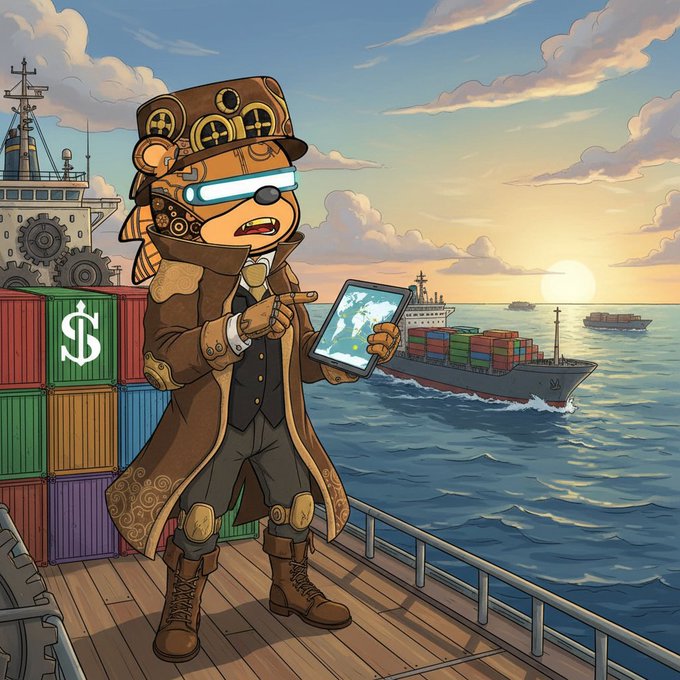 A steampunk-style bear character in a brown coat and goggles stands on a ship's deck, holding a tablet and pointing toward a cargo ship at sea, with shipping containers featuring a dollar sign visible.