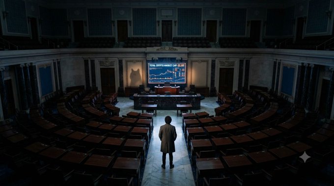 A wide shot of an empty congressional chamber or capitol building, with a lone figure in a long coat standing in the center aisle facing a podium displaying a 'TOTAL CRYPTO MARKET CAP' chart.