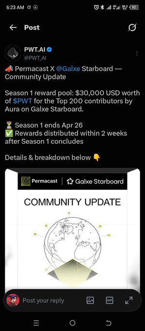 A tweet from @PWT_AI announcing a Permacast X Galxe Starboard Community Update, detailing a $30,000 USD Season 1 reward pool for top contributors with the season ending April 26.