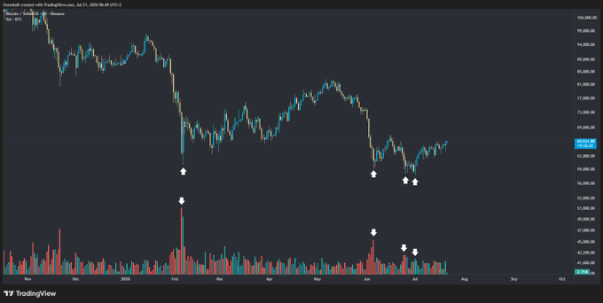 A TradingView daily candlestick chart for Bitcoin (BTC) showing price action from 2024 into 2026, with volume bars and white arrow markers highlighting key bottom signals around the $60,000–$70,000 range.