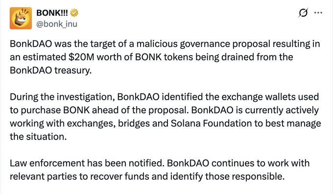 The image shows a tweet from @bonk_inu announcing that BonkDAO was hit by a malicious governance proposal that drained an estimated $20M worth of BONK tokens from its treasury, with law enforcement now involved. This relates to the "to zero" comment by suggesting the exploit could significantly undermine confidence and value in the BONK token.