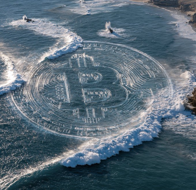 An aerial view of a Bitcoin symbol etched into ocean waves, symbolizing the immutable, on-chain ledger as the clock ticks toward the next block. The image visualizes how each wave of activity, like each new block, is permanently recorded in the blockchain.