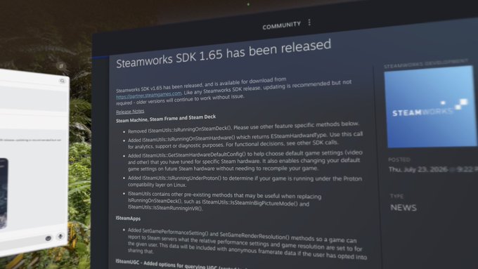 The image displays the announcement of Steamworks SDK 1.65's release, which directly supports the post's claim that "You don't need hopium anymore anon Soon™" by providing a concrete, official update eliminating uncertainty.