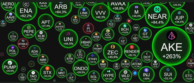 A crypto market graphic displays numerous green-bubbled tokens with price percentages, including AERO, ENA, ARB, NEAR, and a highlighted AKE at +263%.