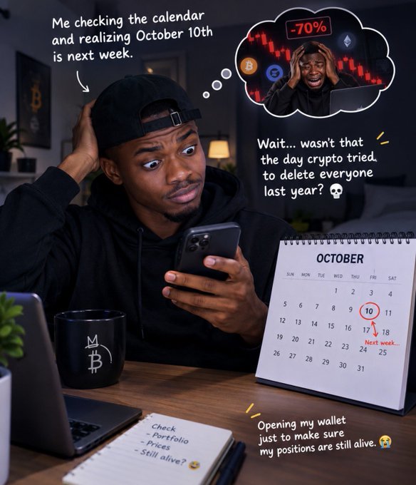 A meme-style image of a worried man in a black hoodie checking his phone and a calendar, with a thought bubble showing a crypto crash of "-70%" and text referencing October 10th as a feared crypto crash anniversary.