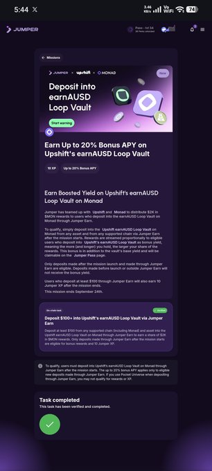 A mobile screenshot of the Jumper crypto platform showing a completed mission to 'Deposit into earnAUSD Loop Vault' and 'Earn Boosted Yield on Upshift's earnAUSD Loop Vault on Monad'.