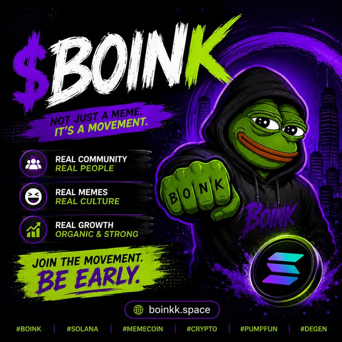 !"BOINK" is a cartoon character with a green hoodie and red eyes, holding a green hammer and a purple coin against a black background.