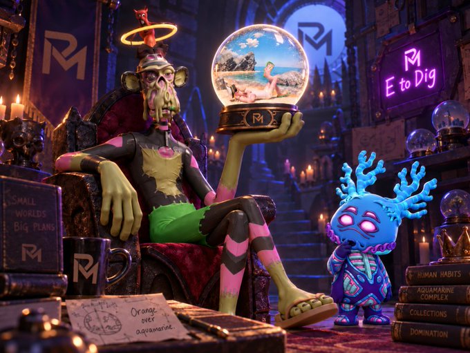 A surreal 3D-rendered scene featuring a green-skinned character with a halo sitting on a throne holding a snow globe, next to a small blue creature, with signs reading 'Small Worlds Big Plans' and 'E to Dig'.