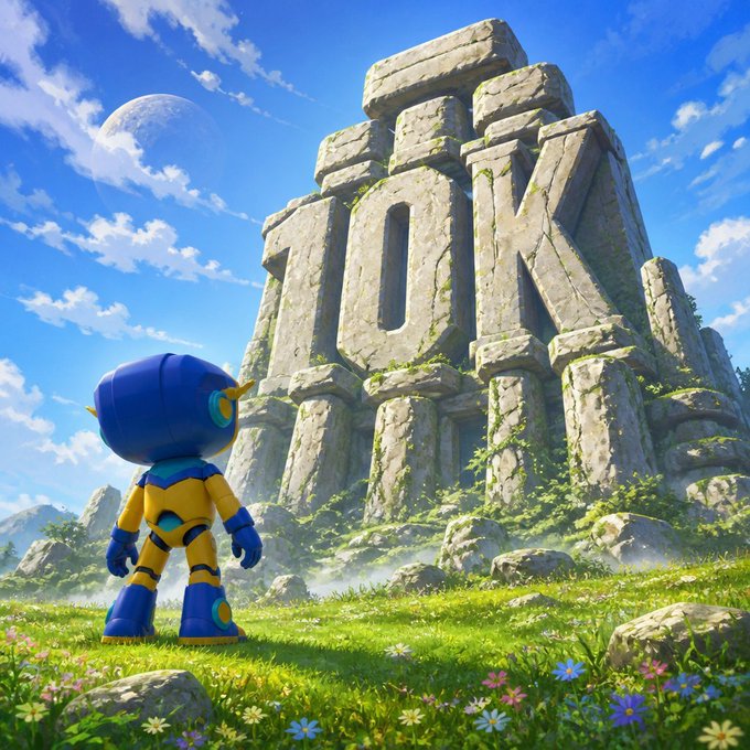 A blue and yellow robot character stands in a grassy field looking up at a massive stone monument carved with the word 'TOM', set against a blue sky with a visible moon.