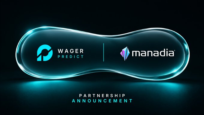 A glowing capsule-shaped graphic displays a partnership announcement between "Wager Predict" and "Manadia" (styled as "manadia"), featuring their respective logos—a blue circular icon and a magenta geometric emblem—set against a dark teal background with the text "PARTNERSHIP ANNOUNCEMENT" below. The image visually represents the collaboration described in the post, where Wager's permissionless prediction markets on BNB Chain integrate with Manadia's verifiable data settlement and AI-driven infrastructure for trusted value exchange.