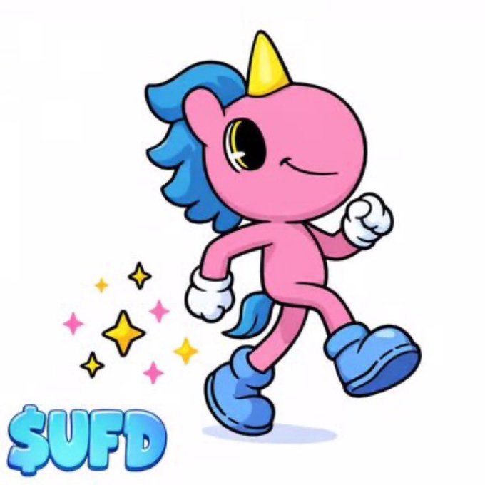 A cheerful cartoon pink unicorn with blue mane, tail, and boots winks while strutting confidently, with sparkles trailing behind. The text "$UFD" appears in bold blue letters at the bottom left, tying into the post's hype of $UFD as the mythical "unicorn of all cryptocurrencies."