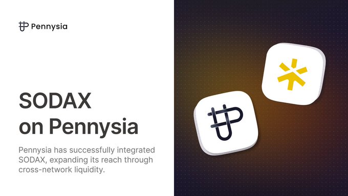 Pennysia announces the integration of SODAX (represented by a yellow asterisk icon) into its marketplace, featuring their logos displayed side-by-side. The announcement highlights SODAX's intent-based architecture and cross-network execution infrastructure bringing unified liquidity to Pennysia's ecosystem.