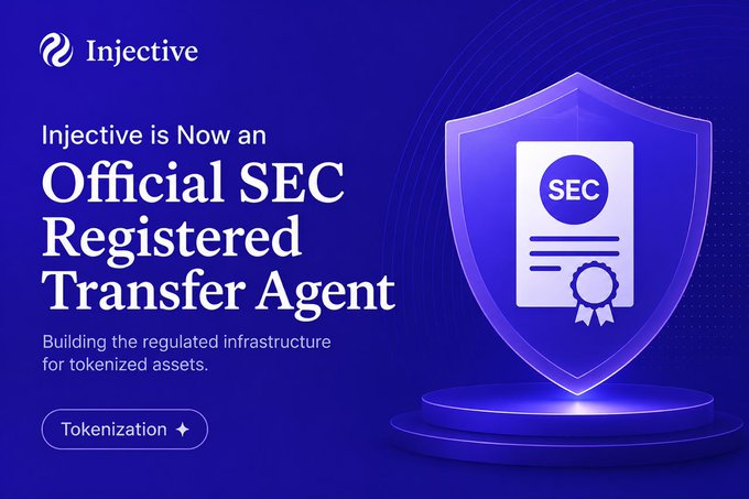 A blue graphic with the Injective logo announces 'Injective is Now an Official SEC Registered Transfer Agent,' featuring a shield icon with an SEC certificate illustration and text about 'Building the regulated infrastructure for tokenized assets.'