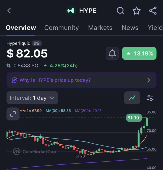 CoinMarketCap screenshot of HYPE (Hyperliquid) token priced at $82.05, up 13.19%, with a 1-day candlestick chart showing price climbing past the 200-day moving average.