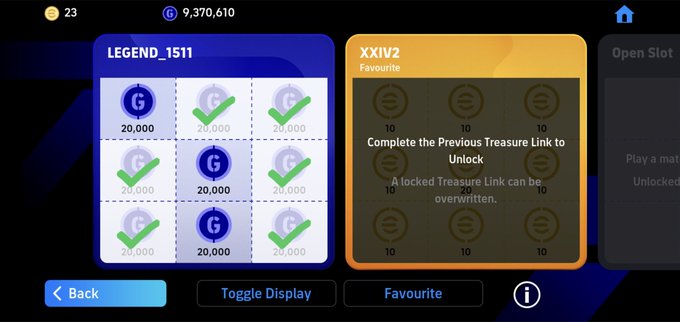A game interface shows two player profiles: "LEGEND_1511" with a completed 3x3 grid of 20,000 "G" coin tiles marked with green checkmarks, and "XXIV2" marked as a Favourite whose grid is locked, requiring the previous Treasure Link to be unlocked. The account balance displays 9,370,610 coins and 23 of a currency, directly illustrating the post's mention of a coin treasure link being available to unlock.