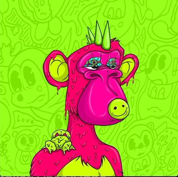 A vibrant cartoon-style illustration of a bright pink furry creature with green horns, lips, and accents, set against a green background patterned with faint faces.
