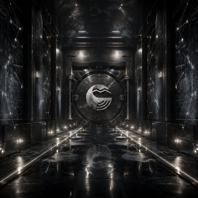A dark, industrial vault interior featuring black marble walls and a large circular metal door with a stylized logo in the center.