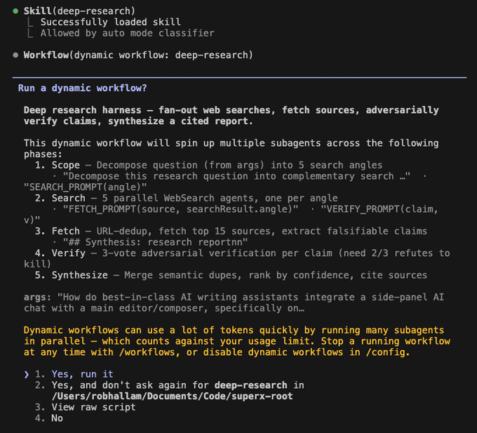 A terminal screenshot shows a dynamic "deep-research" workflow prompt offering to run a multi-agent research task on "How do best-in-class AI writing assistants integrate a side-panel AI chat," with options including "Yes, run it" and "View raw script." The image humorously illustrates the post's caption about spending Fable tokens by showcasing a token-intensive feature that spawns multiple parallel subagents for web searches and verification.