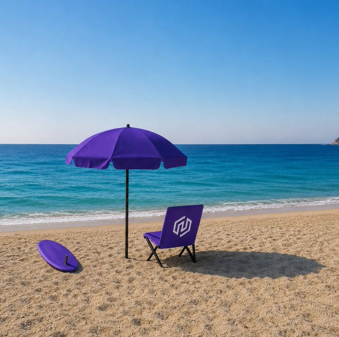 A purple Cryptic-branded beach chair sits under a matching purple umbrella on a sandy shore beside a surfboard and turquoise ocean. The branded setup embodies the post's "take a break" message, promoting a Cryptic-themed escape for the crypto community.