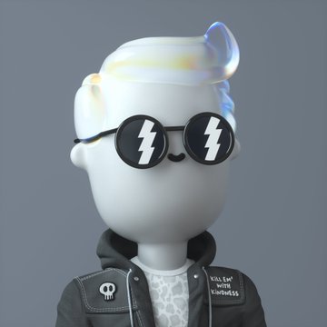The image features a 3D rendering of a person wearing black glasses, a jacket with a skull patch, and a t-shirt with "kill all with kindness" written on it. The person appears to be wearing sunglasses as well. The background is gray, which contrasts with the white figure in the foreground. There are no other objects or text present in the image.