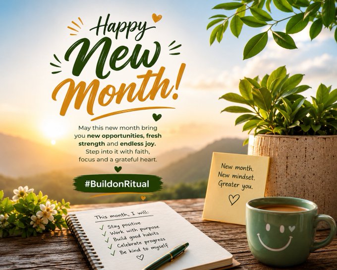 The image features a wooden table with a notebook, pen, cup of coffee, and potted plant. The text "Happy New Month!" is written above the notebook, while the phrase "New month" is below the cup of coffee. The scene suggests that someone has been working on a new project or ritual in January, possibly related to the concept of building a decentralized intelligence community.