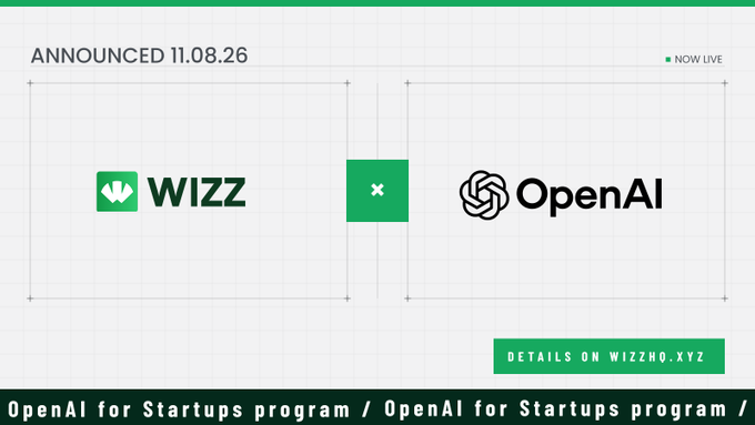 An announcement graphic dated '11.08.26' shows 'WIZZ × OpenAI' logos side by side promoting the 'OpenAI for Startups program' with details available at 'wizzho.xyz'.