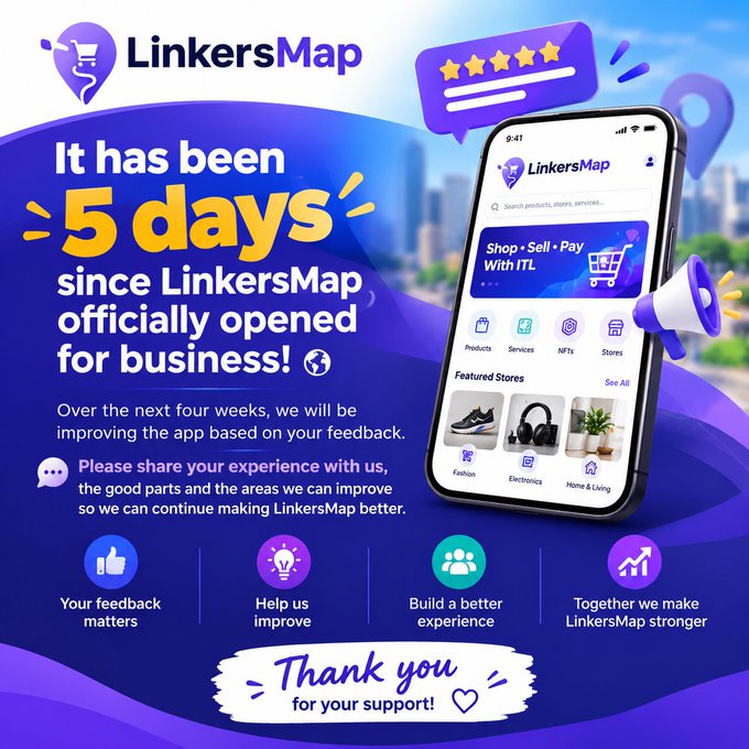 A promotional graphic for LinkersMap celebrating 5 days since opening, featuring the app interface on a smartphone with text thanking users for their support and feedback.