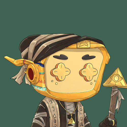 A cartoon character with a golden, game-controller-like face and +symbol eyes wearing a striped headwrap and holding a staff with a triangular emblem.