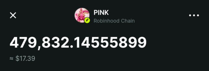 A Robinhood Wallet app screen showing a token called 'PINK' on the Robinhood Chain with a balance of 479,832.14555899 and an approximate value of $17.39.