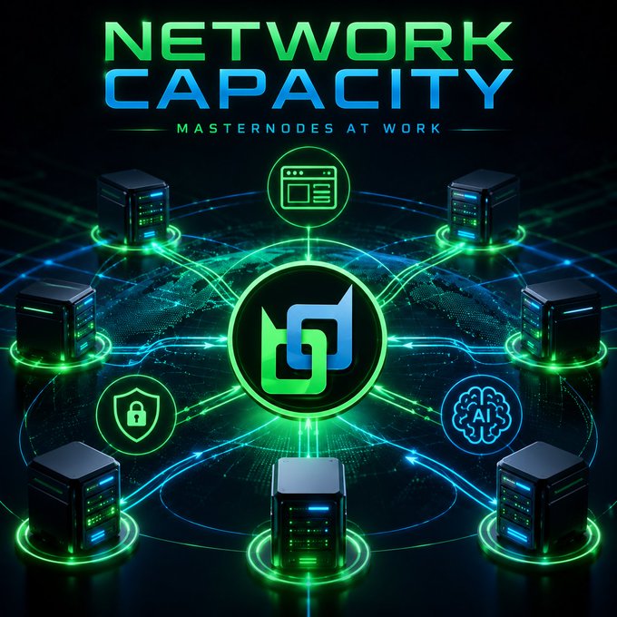 A tech-themed promotional graphic titled 'NETWORK CAPACITY - MASternODES AT WORK' displaying connected server racks, a security shield, and an AI brain icon around a central logo.