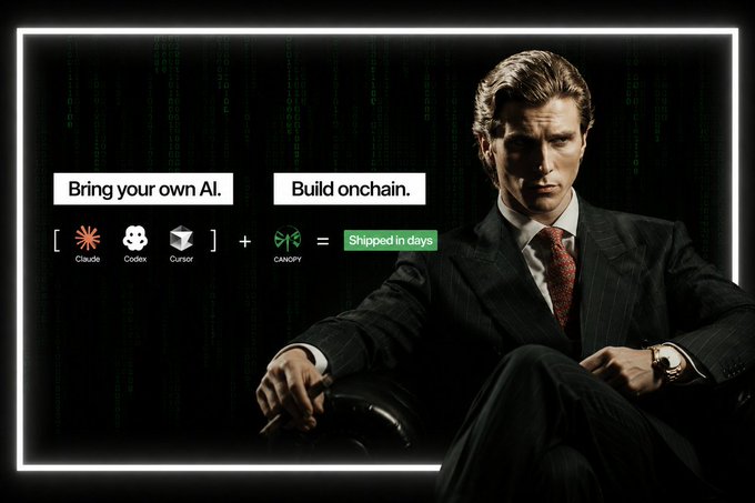 The image features a sharply dressed man in a suit seated confidently against a dark, matrix-style digital background, alongside promotional text reading "Bring your own AI" and "Build onchain," showcasing AI tools (Claude, Codex, Cursor) combined with Canopy to deliver results "Shipped in days." The visual reinforces the post's message about Canopy simplifying blockchain deployment, presenting the platform as a sleek, effortless solution that lets developers skip months of infrastructure headaches and quickly launch application-specific chains.