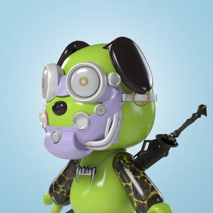 A 3D-rendered green character wearing mechanical goggles, a purple and silver face mask, and black-tortoise-shell armor holds a weapon against a light blue background.