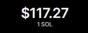 The image displays "$117.27" in large white text with "1 SOL" beneath it on a black background, highlighting the current value of 1 Solana token. This graphic illustrates the dollar amount being given away in the post's promotion of sending 1 SOL to a lucky participant who likes and replies.