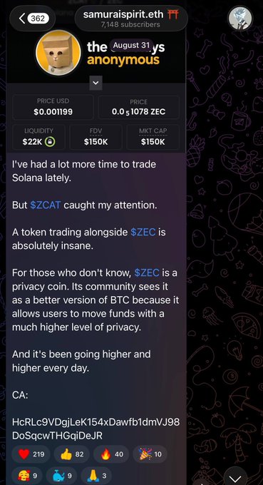 A screenshot from "samuraispirit.eth" Telegram channel shows a token named "the anonymous" with a CA contract starting "HcRLc9VDgiLeK154xDawfb1dmVJ98DoSqcWTHGqiDeJR," priced at $0.00199 with $22K liquidity, $150K FDV, and $150K market cap, trading as 0.03 SOL per 1078 ZEC. The accompanying post highlights the channel's track record of early calls like $ZCAT ($150K to $150M), $STONK ($1M to $170M), and $ROBIN ($750K to $30M), positioning "the anonymous" as another potential early gem.