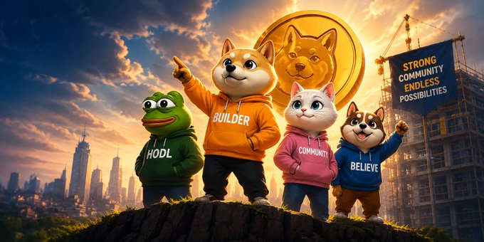 A digital illustration features cartoon animals in hoodies labeled 'HODL', 'BUILDER', 'COMMUNITY', and 'BELIEVE', standing in front of a giant Dogecoin coin and a banner reading 'STRONG COMMUNITY ENDLESS POSSIBILITIES'.