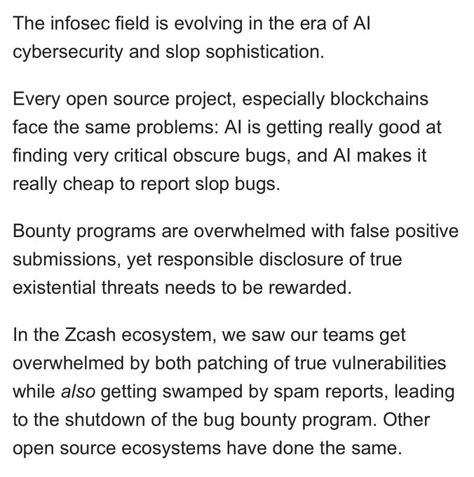 Text discussing how AI is transforming infosec, noting that open source blockchain projects face issues with AI finding obscure bugs and cheap slop bug reports, citing Zcash ecosystem's shutdown of its bounty program.