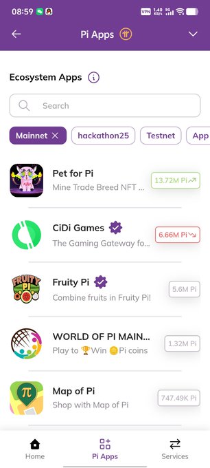 A screenshot of the Pi Apps interface showing the Ecosystem Apps page with a search bar and tags for Mainnet, hackathon25, and Testnet, listing apps like Pet for Pi (13.72M Pi), CiDi Games (6.66M Pi), Fruity Pi, WORLD OF PI MAINNET, and Map of Pi.