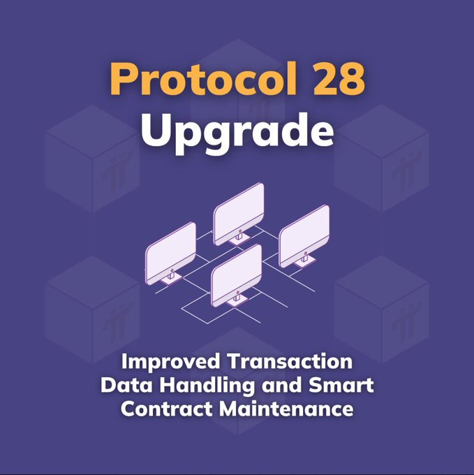 A purple promotional graphic announcing 'Protocol 28 Upgrade' featuring connected server icons and text highlighting 'Improved Transaction Data Handling and Smart Contract Maintenance'.